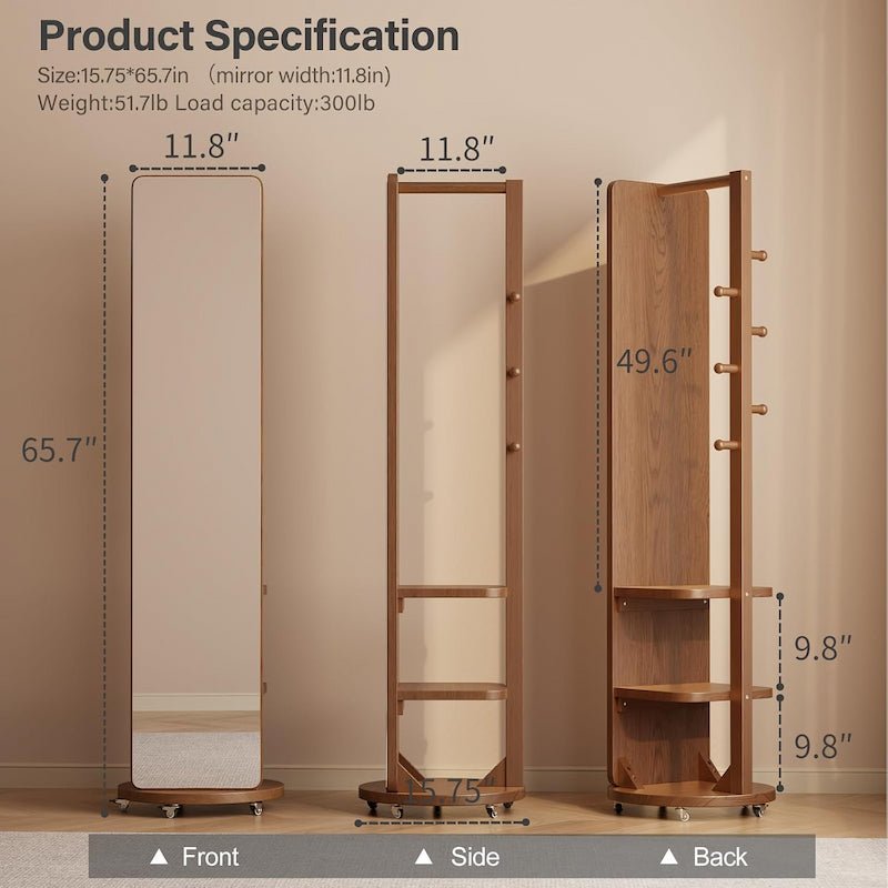360° Rotating Floor Mirror with Clothes Rack & Shelves - iKaslandi