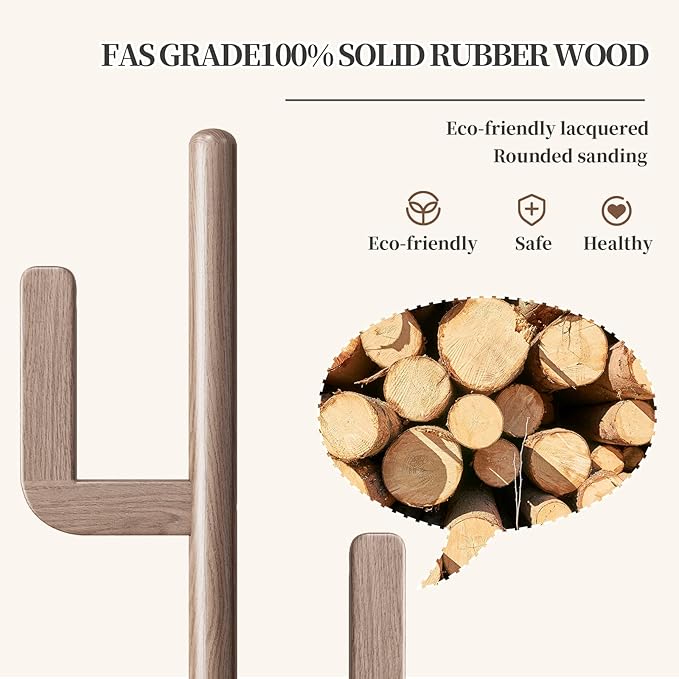 Solid Wood Cactus Coat Rack Stand, Freestanding Coat Rack with 6 L-shaped Hooks and 3 Adjustable Sizes, Sturdy and Easy to Assemble Coat Tree for Entryway, Bedroom