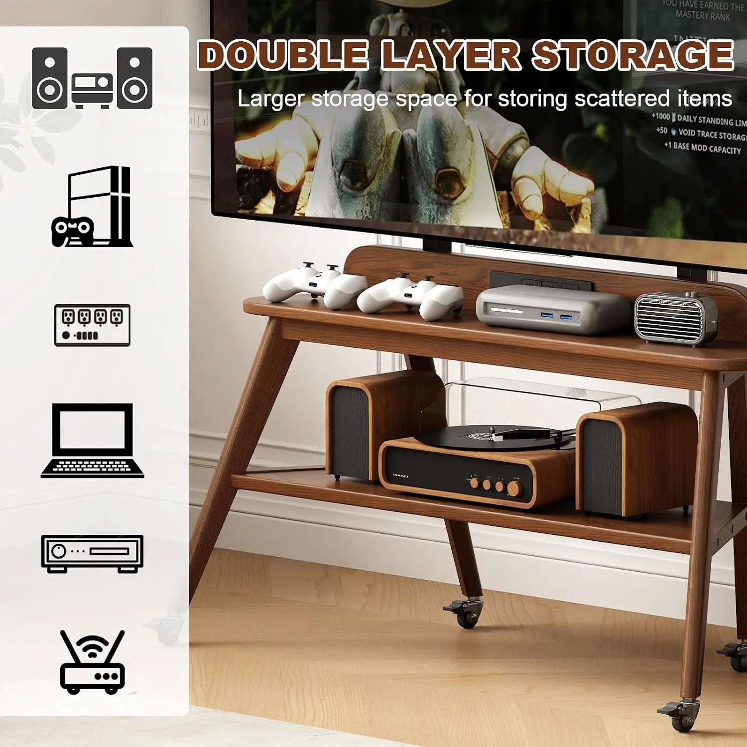 Rolling Solid Wood TV Stand with Wheels & Power Outlet — Fits 40