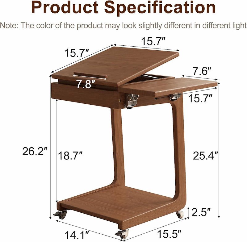 Solid Wood Rolling C-Shaped Side Table with Adjustable Top & Foldable Shelf - iKaslandi