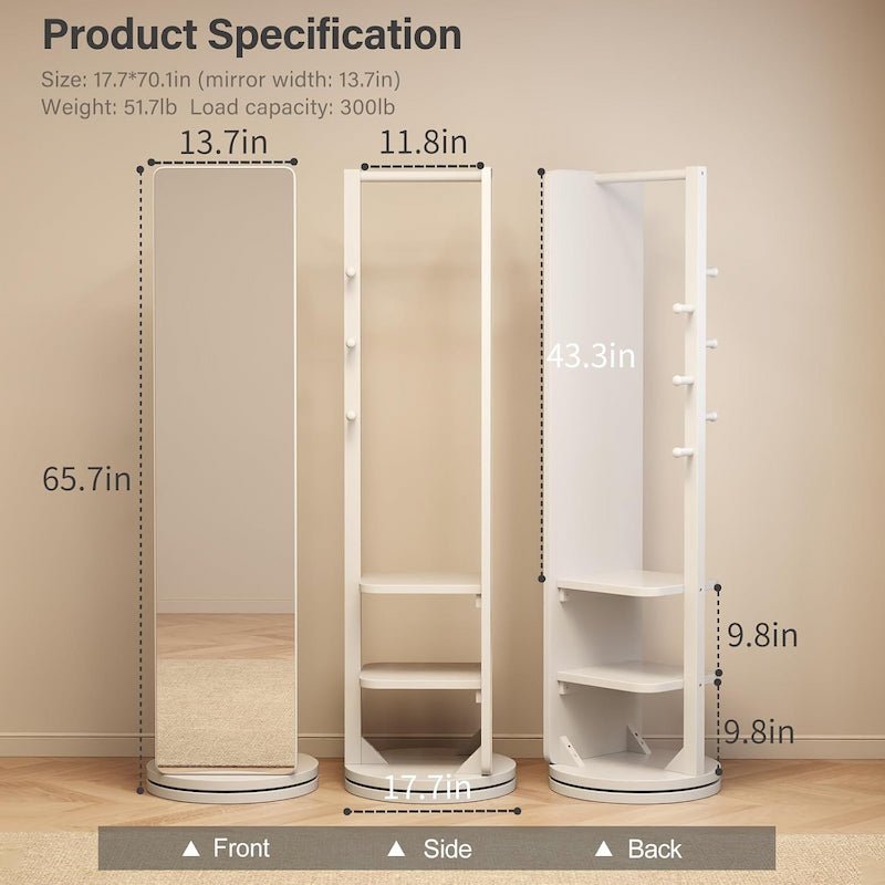 360° Rotating Floor Mirror with Clothes Rack & Shelves - iKaslandi