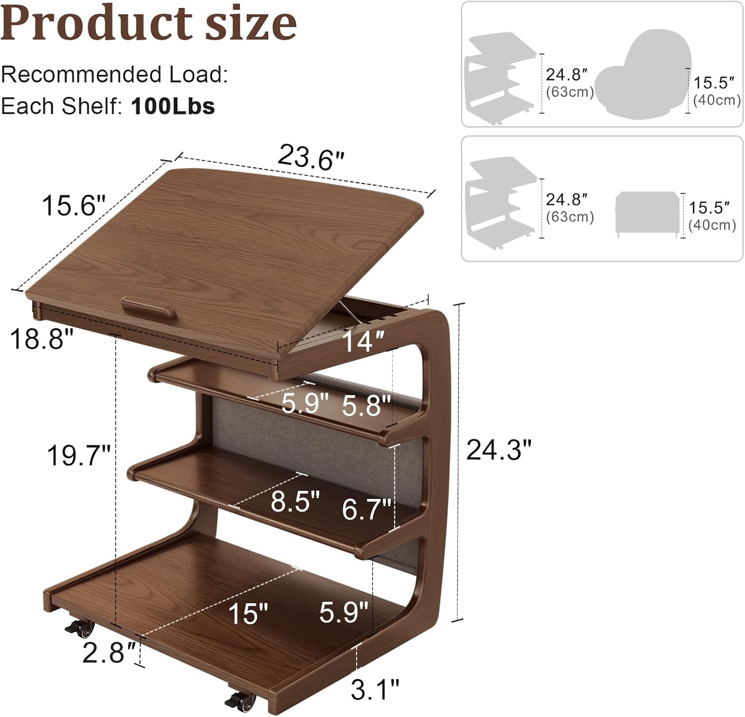 Solid Wood C-Shaped Table for Couch with 3-Tier Storage - iKaslandi