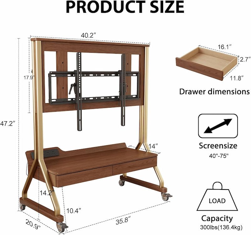 Heavy Duty Solid Wood Rolling TV Stand with 2 Drawers - iKaslandi