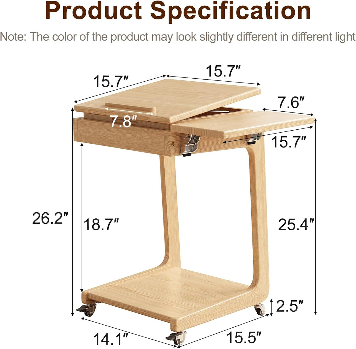 Solid Wood Rolling C-Shaped Side Table with Adjustable Top & Foldable Shelf - iKaslandi
