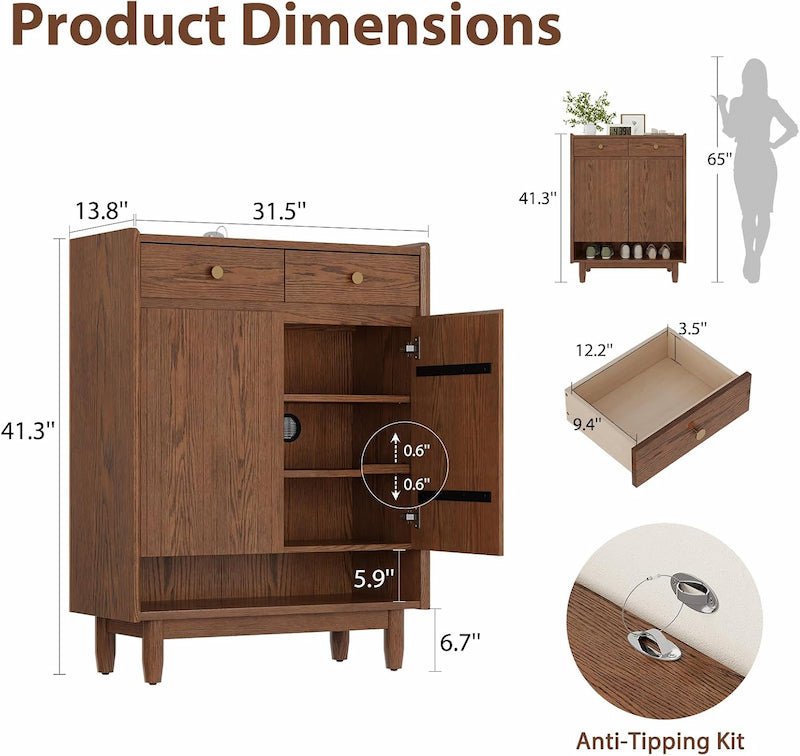 Fluted Solid Wood Shoe Cabinet with Drawers & Open Shelf - iKaslandi