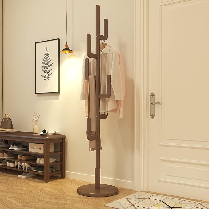 Solid Wood Cactus Coat Rack Stand, Freestanding Coat Rack with 6 L-shaped Hooks and 3 Adjustable Sizes, Sturdy and Easy to Assemble Coat Tree for Entryway, Bedroom