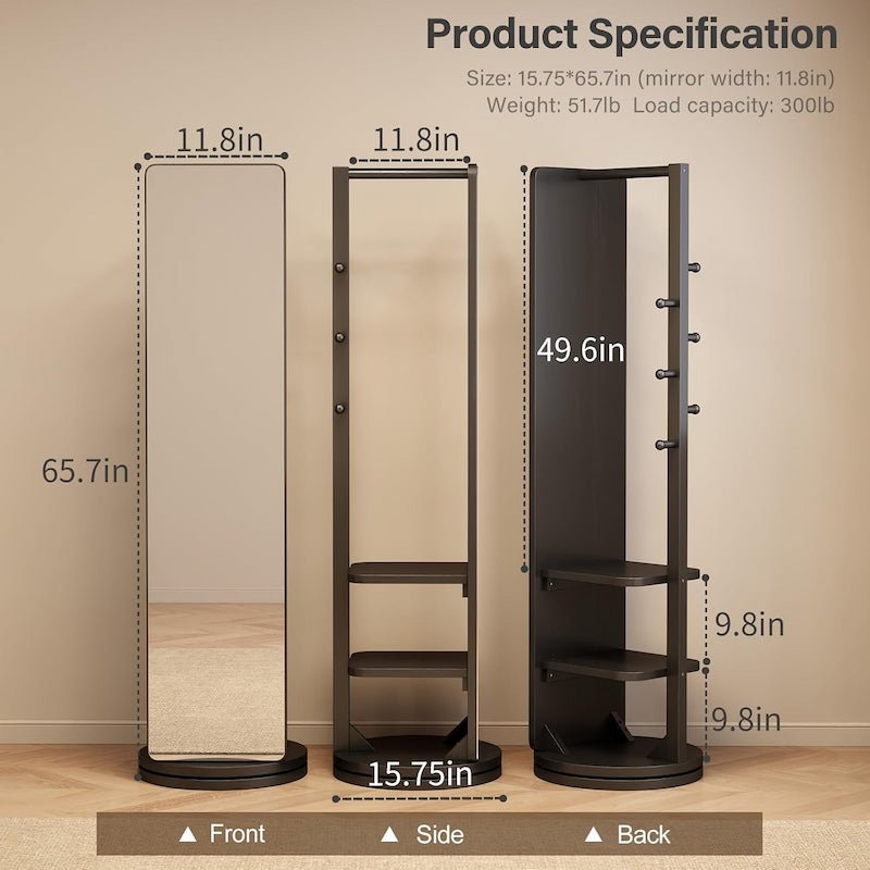 360° Rotating Floor Mirror with Clothes Rack & Shelves - iKaslandi