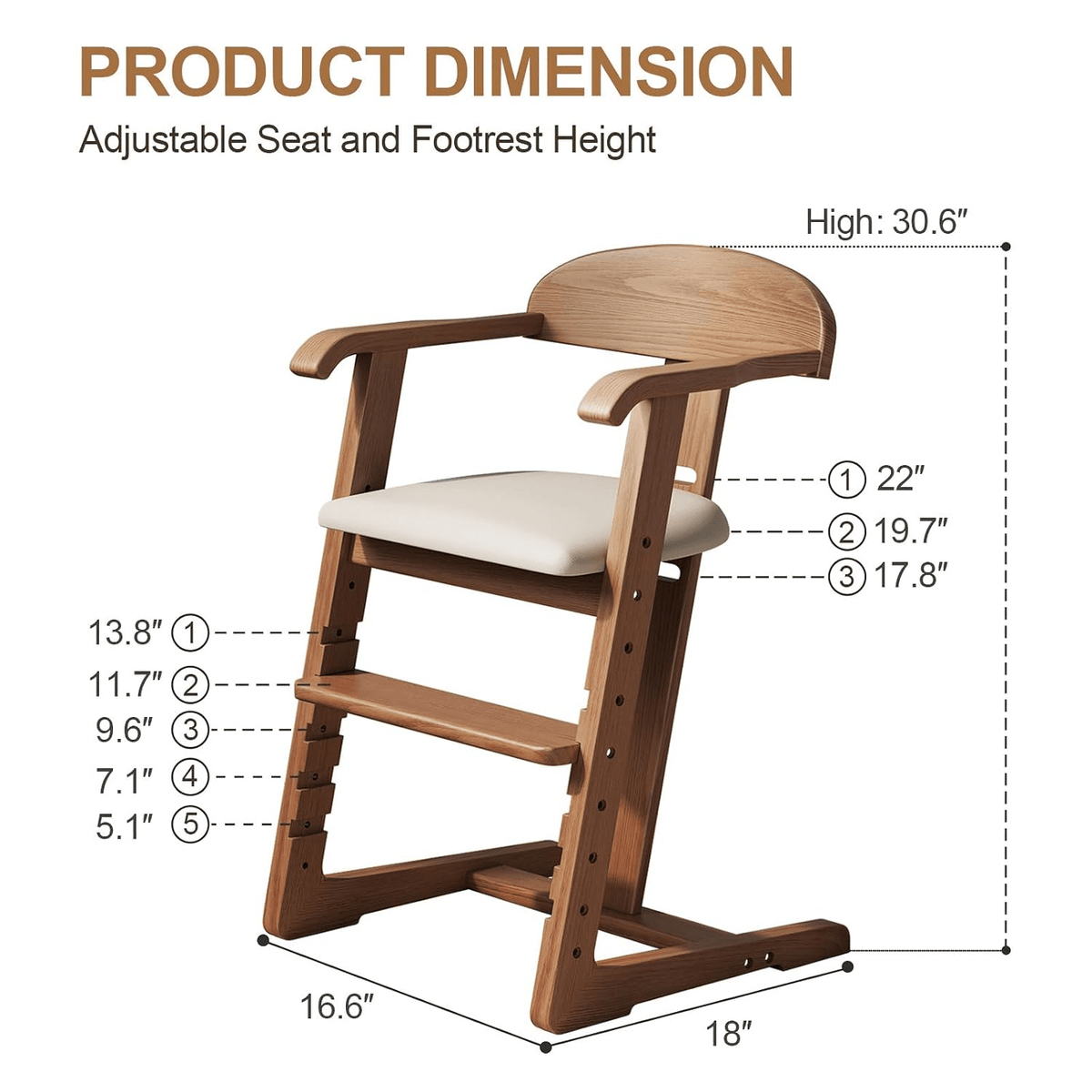 Solid Wood Toddler Dining Chair with Adjustable Height and Footrest, Wipe-Clean Cushion - iKaslandi