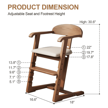Solid Wood Toddler Dining Chair with Adjustable Height and Footrest, Wipe-Clean Cushion - iKaslandi