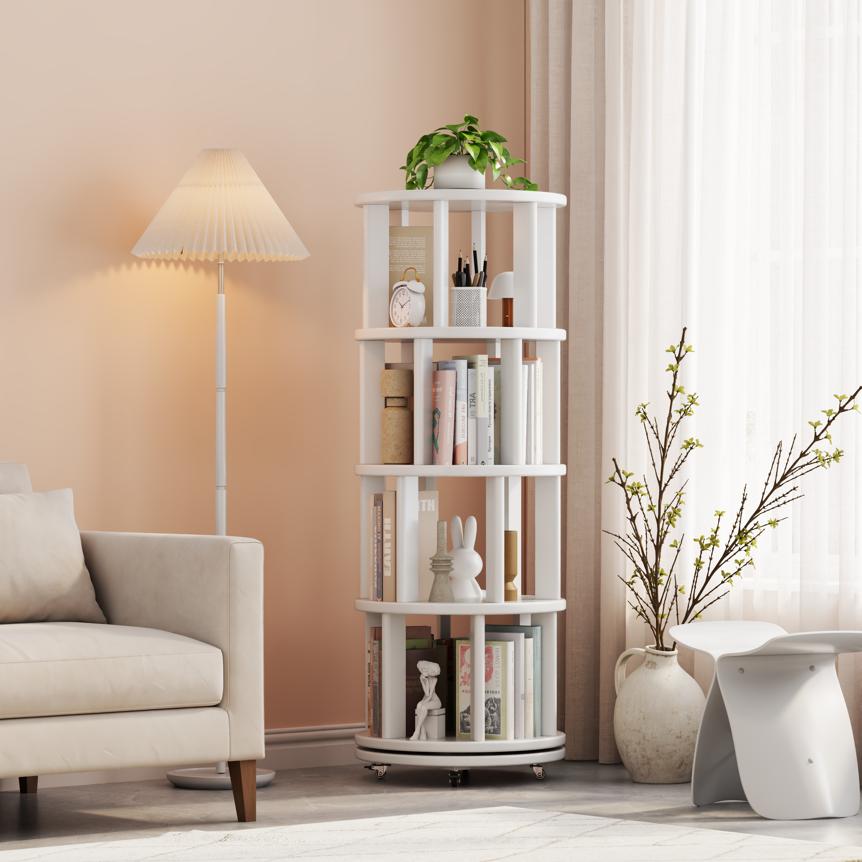 Solid Wood Rotating Bookshelf with Brake Wheels – Adjustable 1-6 Tiers