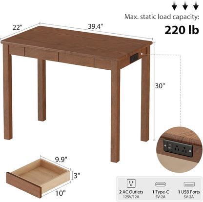 Solid Rubberwood Desk with 2 Drawers and Charging Station, Small Computer Desk - iKaslandi
