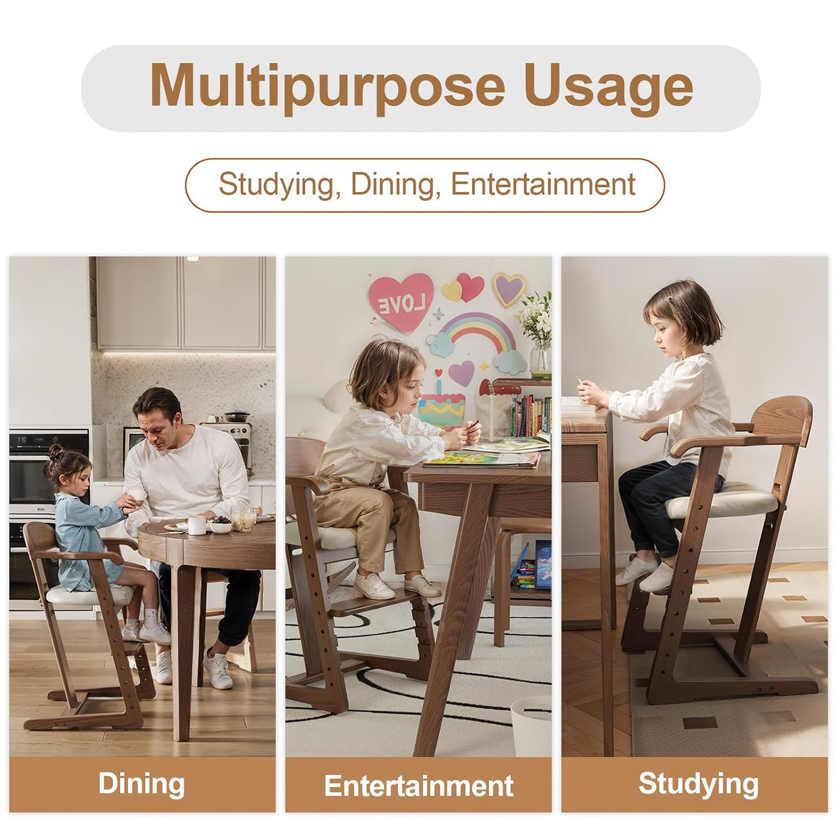 Solid Wood Toddler Dining Chair with Adjustable Height and Footrest, Wipe-Clean Cushion - iKaslandi