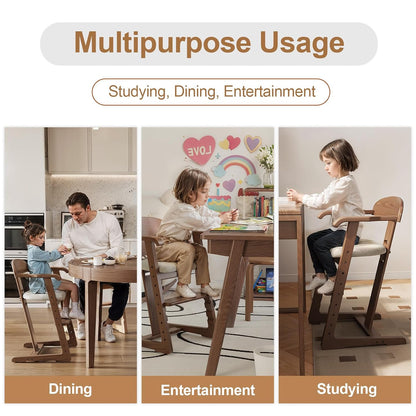 Solid Wood Toddler Dining Chair with Adjustable Height and Footrest, Wipe-Clean Cushion - iKaslandi