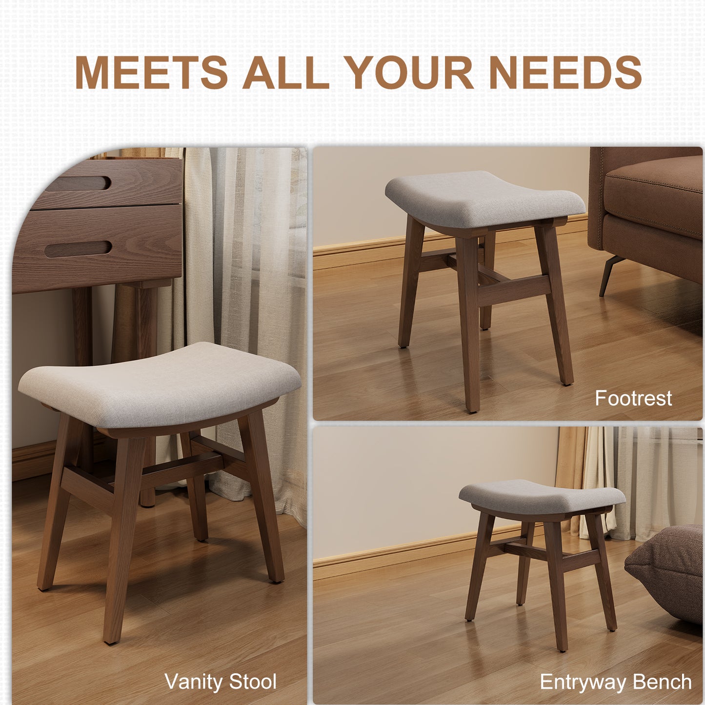 Solid Wood Vanity Stool, Saddle Cushion Vanity Bench with High-Strength Rebound Sponge, Easily Assembly, Vanity Chair, Foot Stool, Makeup Stool for Bedroom, Entryway