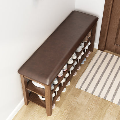 Shoe Bench with Leather Cushion, 3 Tiers Shoe Storage Bench Height Adjustable, Walnut Wood Entryway Bench for Hallway