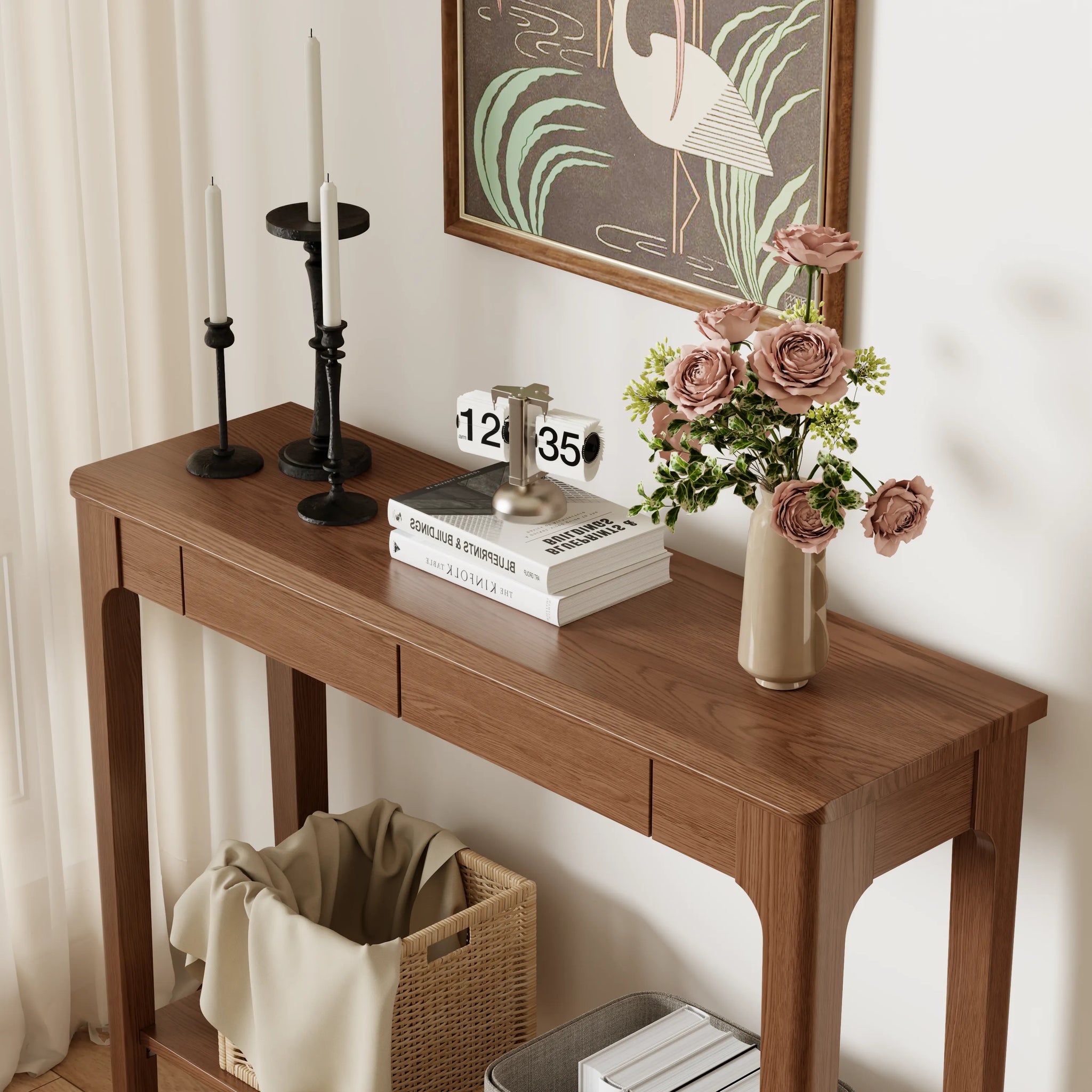 Solid Wood Entryway Console Table with Drawers and Bottom Storage Shelf - Kaslandi Furniture