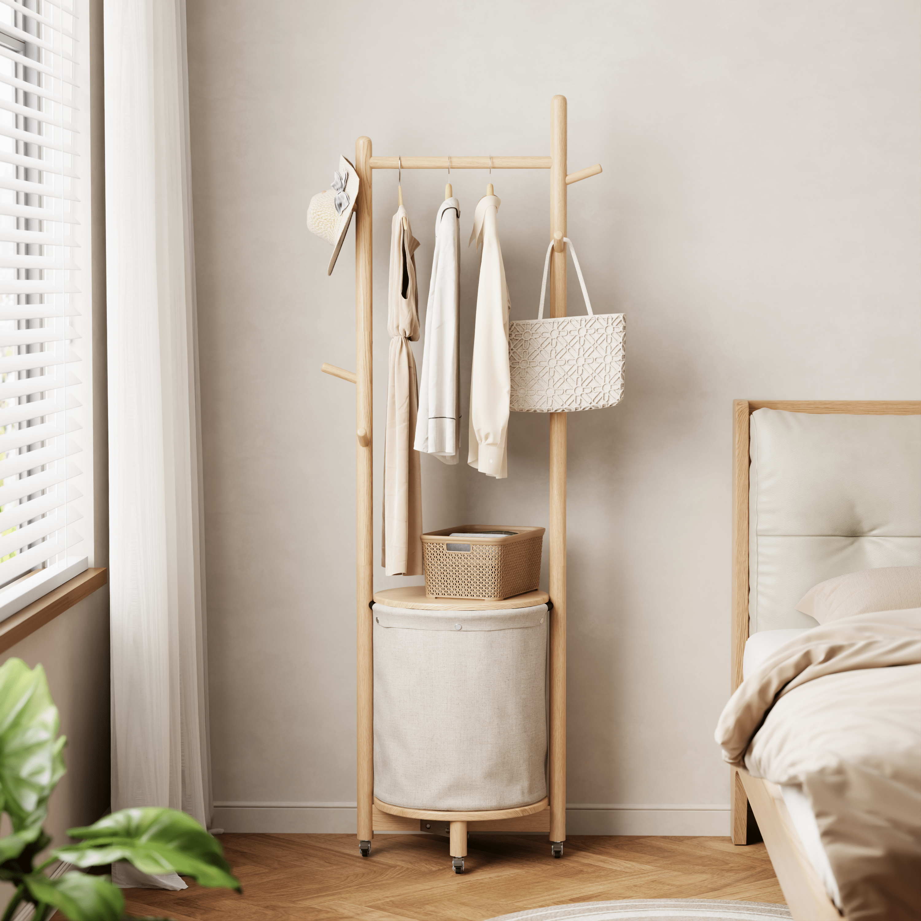 Solid Wood Coat Rack Stand with Laundry Hamper & Storage Shelf - Kaslandi Furniture