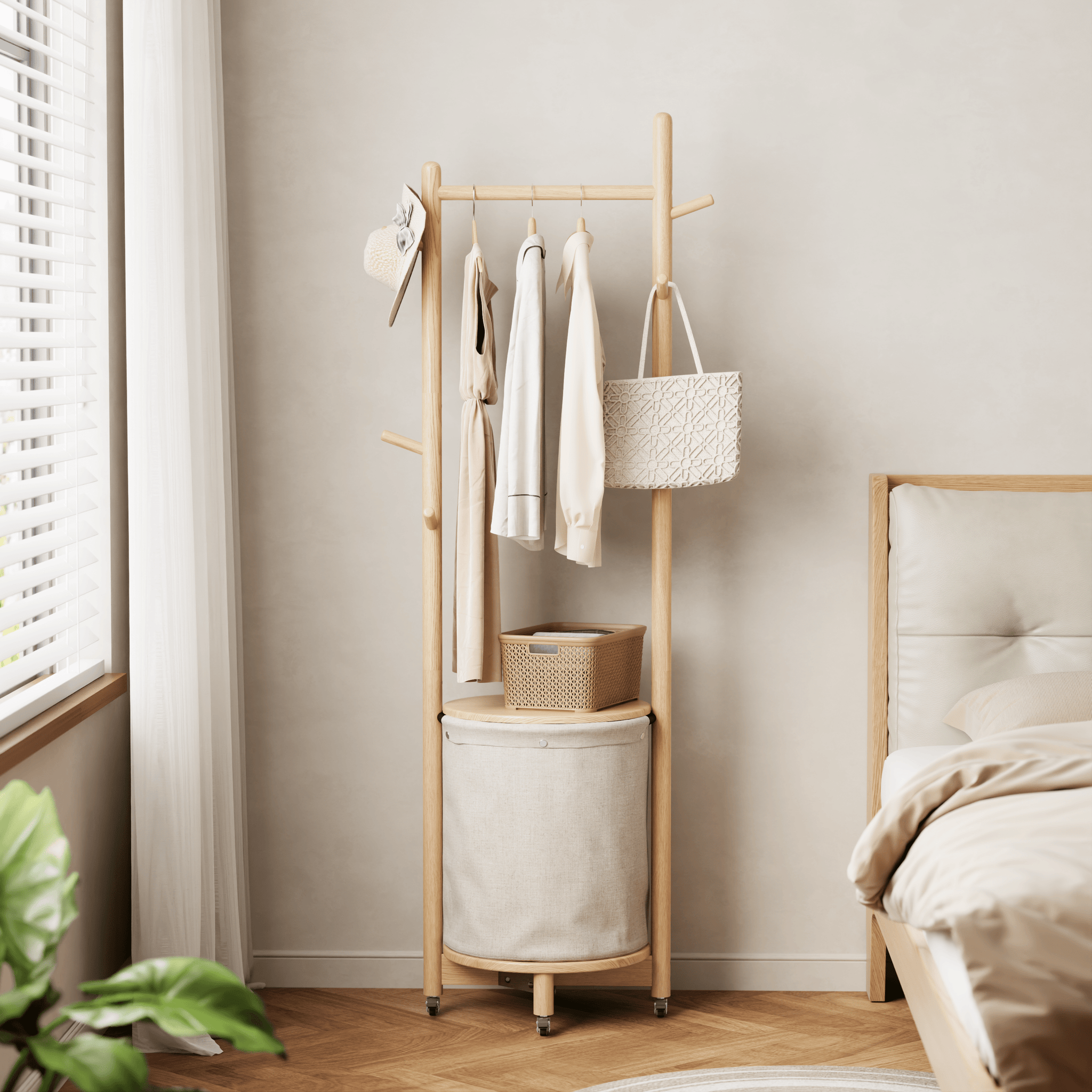 Solid Wood Coat Rack Stand with Laundry Hamper & Storage Shelf - Kaslandi Furniture