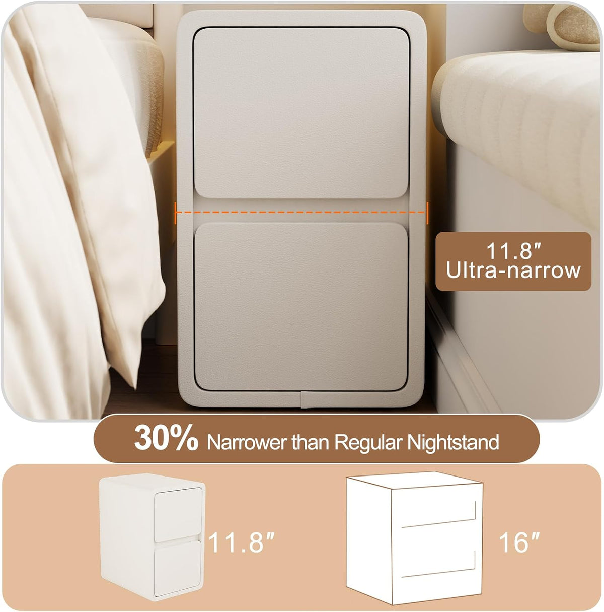 Narrow Bedside Table with 2 or 3 Drawers, Solid Wood Body and Leather-Coated Surface, Pre-Assembled - iKaslandi