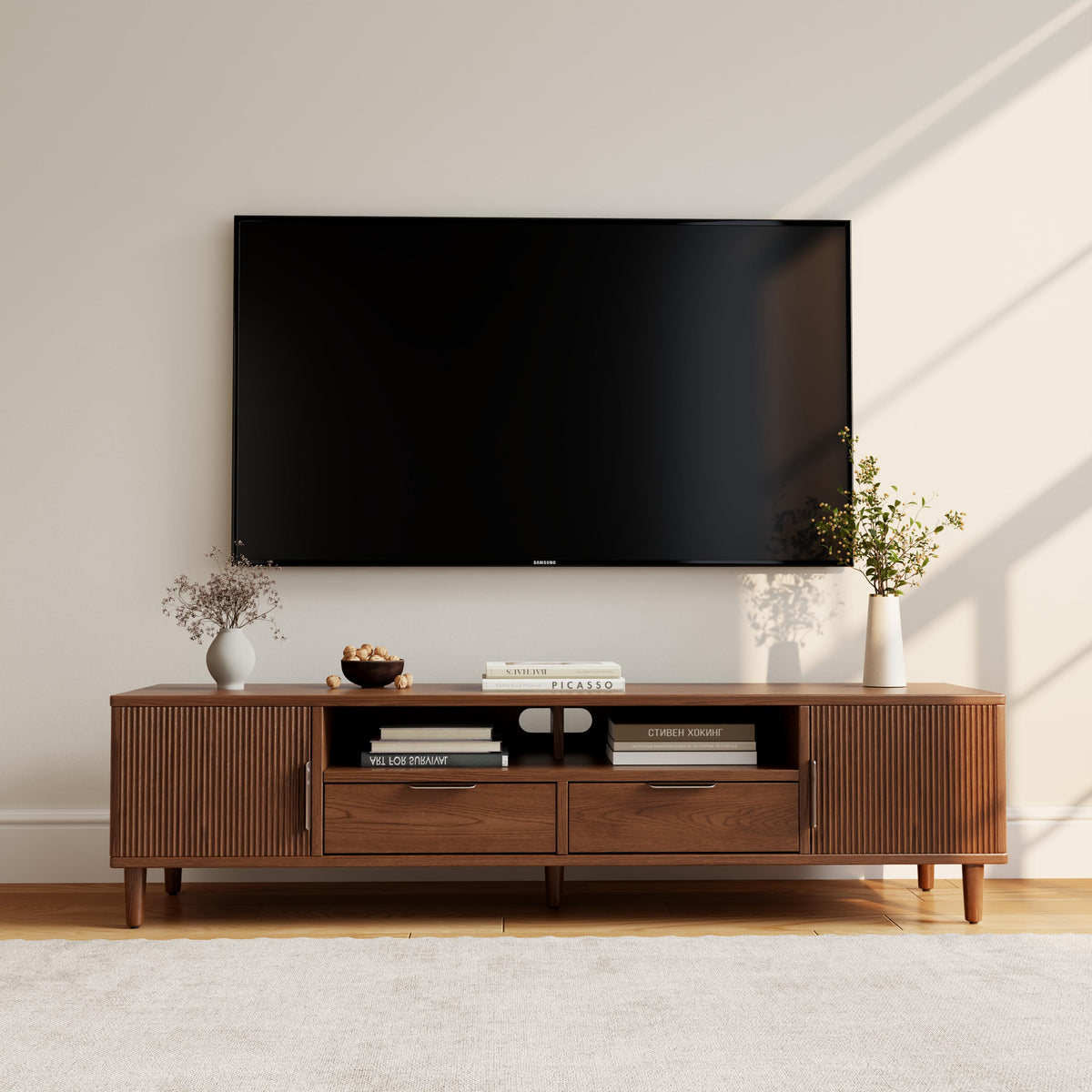 Low Profile TV Stand for TVs up to 70 Inches, Fluted Media Console with Cabinets, Drawers and Shelf - iKaslandi