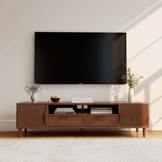 Low Profile TV Stand for TVs up to 70 Inches, Fluted Media Console with Cabinets, Drawers and Shelf - iKaslandi