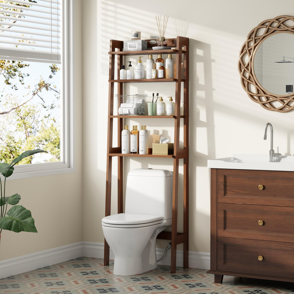 Freestanding 4-Tier Wood Over The Toilet Storage Shelf with Anti-Tip Kit - iKaslandi