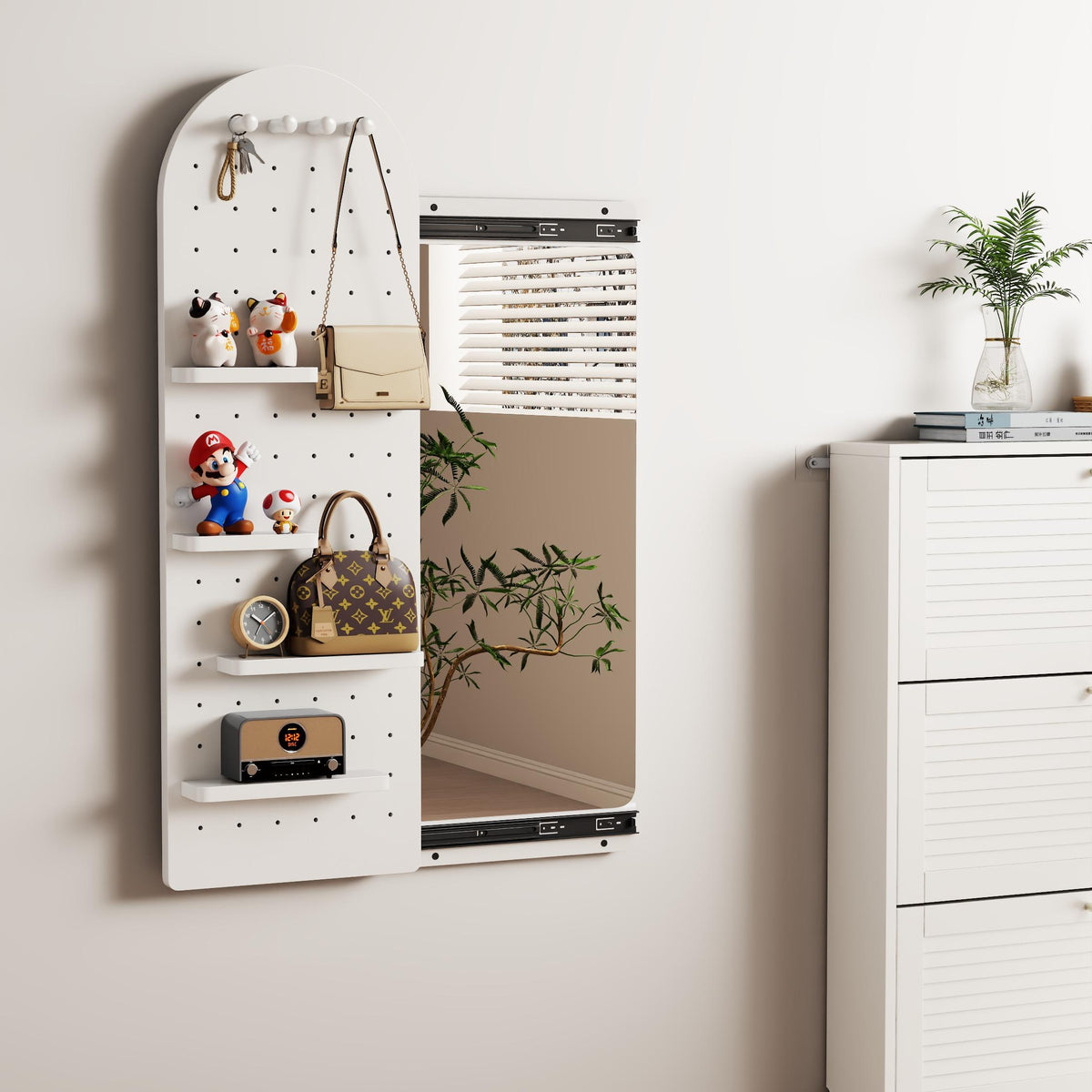 Wooden Full Length Wall Mirror with Pegboard Shelf and Hooks