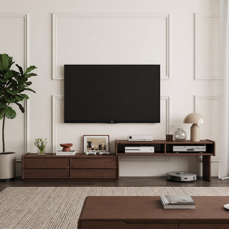 Extendable Solid Wood TV Stand with Drawers & Open Shelves — Fits 42