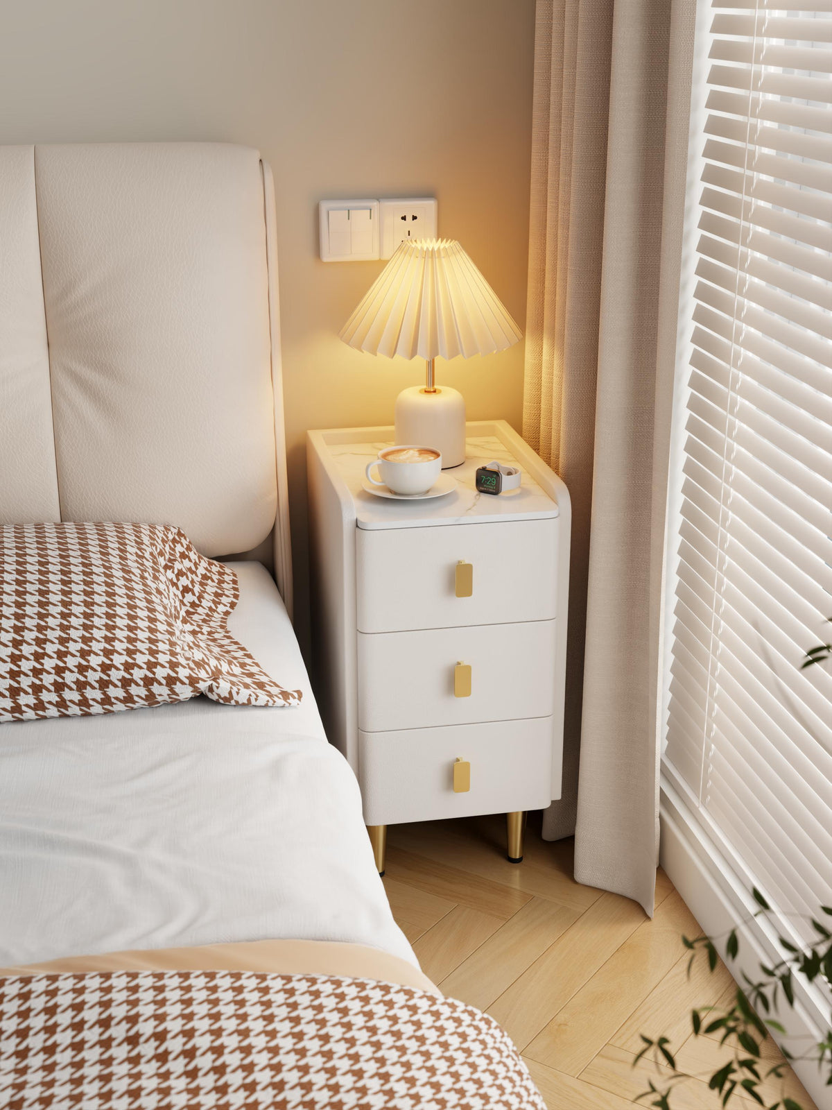Narrow Bedside Table with 3 Drawers, Wood Frame and Leather Surface - iKaslandi