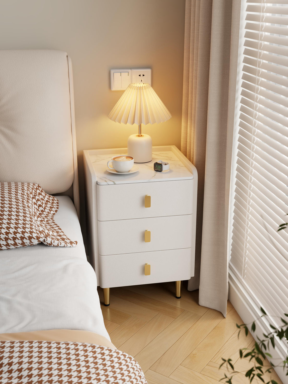 Narrow Bedside Table with 3 Drawers, Wood Frame and Leather Surface - iKaslandi
