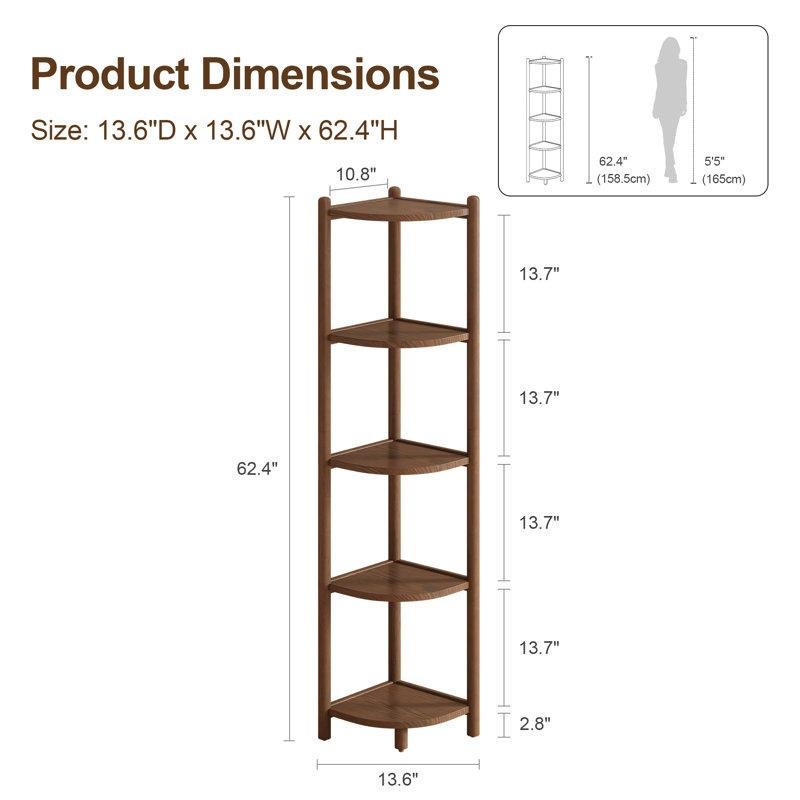 5 Tier Solid Wood Corner Shelf, Space Saving Corner Bookcase for Small Spaces - iKaslandi