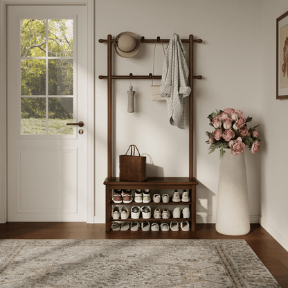 Wooden Hall Tree with Bench and Shoe Storage, 3-in-1 Entryway Coat Rack with 11 Hooks - iKaslandi