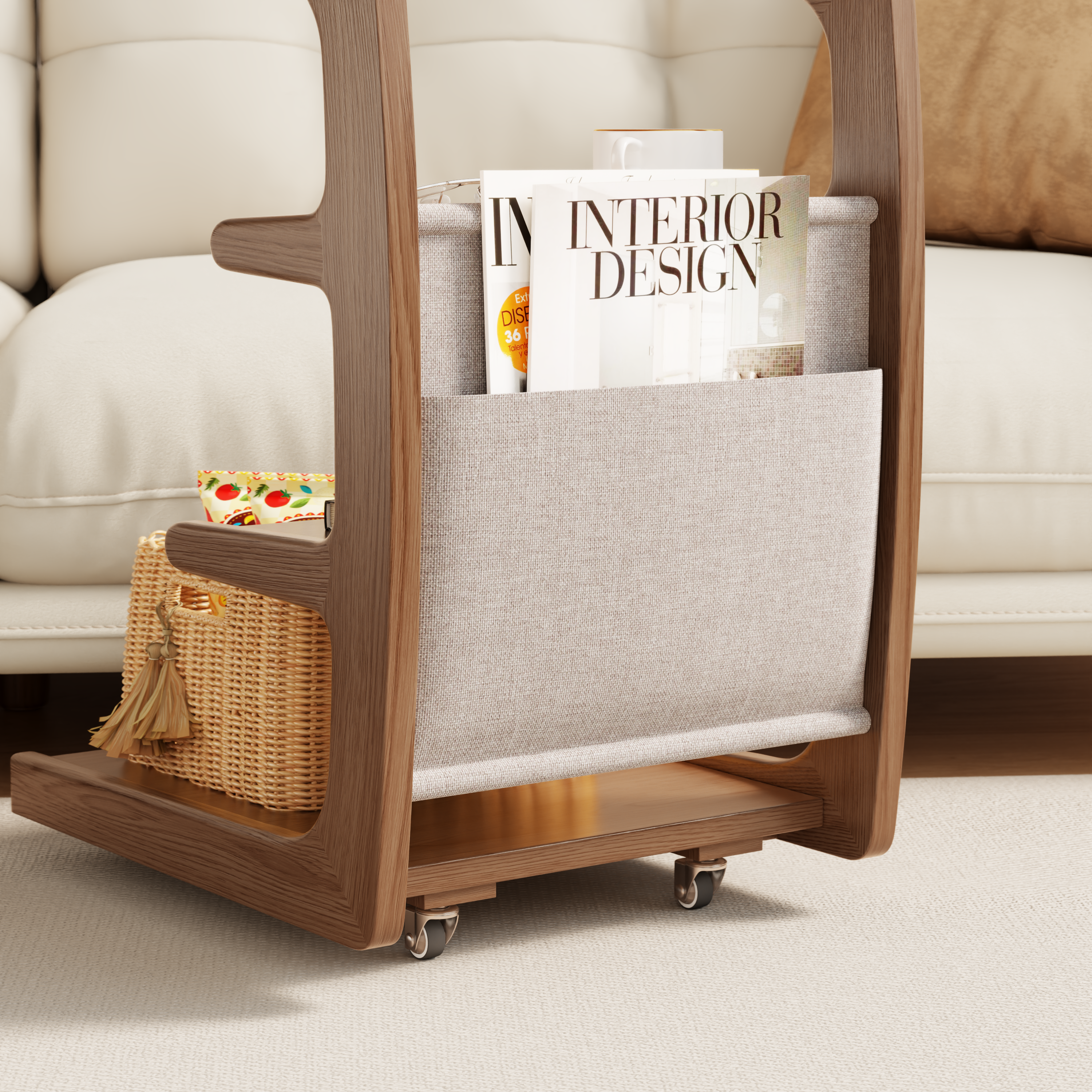 Solid Wood C-Shaped Table for Couch with 3-Tier Storage