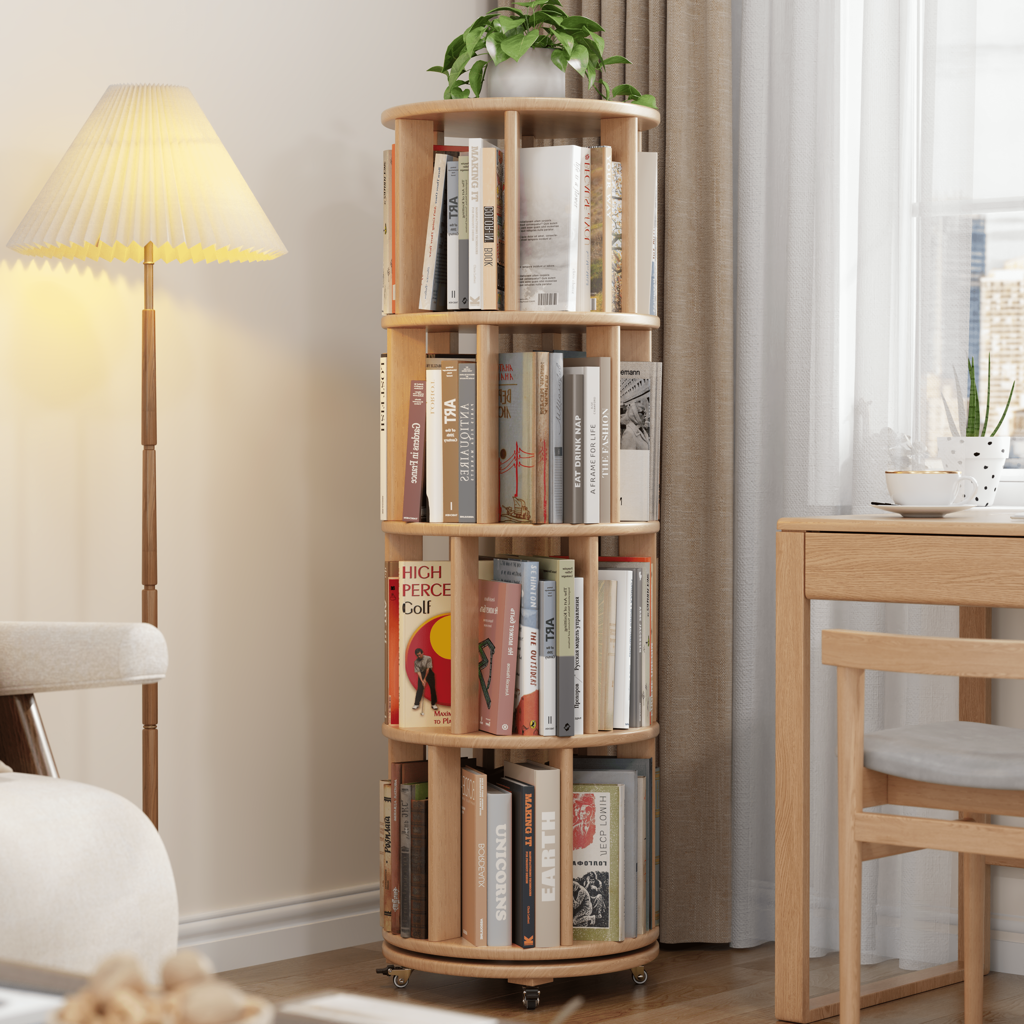 Rotating Solid Wood Bookshelf with Brake Wheels – Adjustable 1-6 Tier Swivel Bookcase for Home & Study