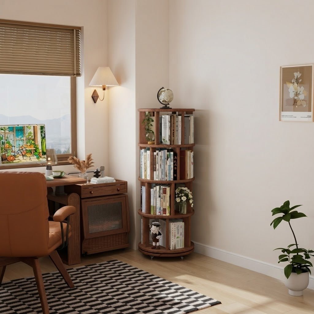 Rotating Round Bookshelf, Adjustable 1-6 Tiers – Space-Saving Storage Rack - iKaslandi