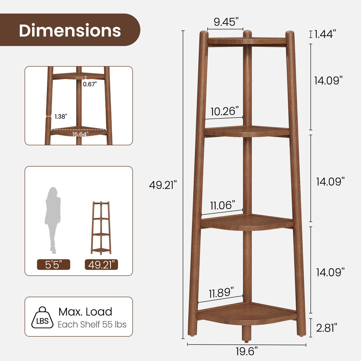 4 Tier Solid Wood Corner Shelf, Space Saving Corner Bookcase for Small Spaces - iKaslandi