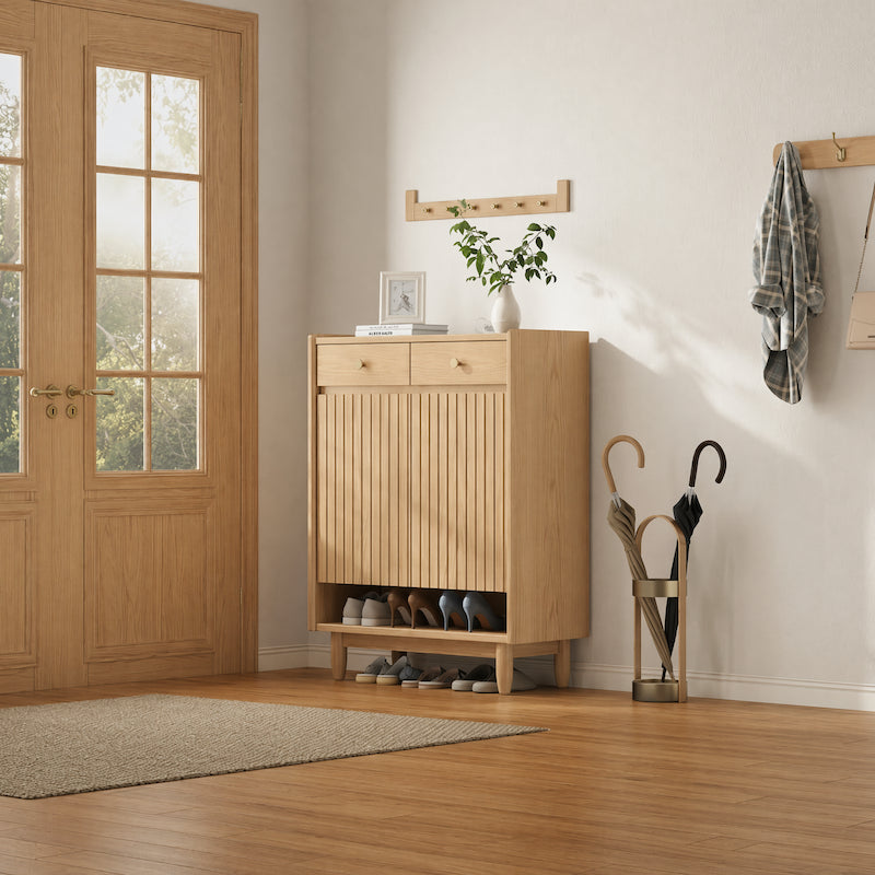Fluted Solid Wood Shoe Cabinet with Drawers & Open Shelf