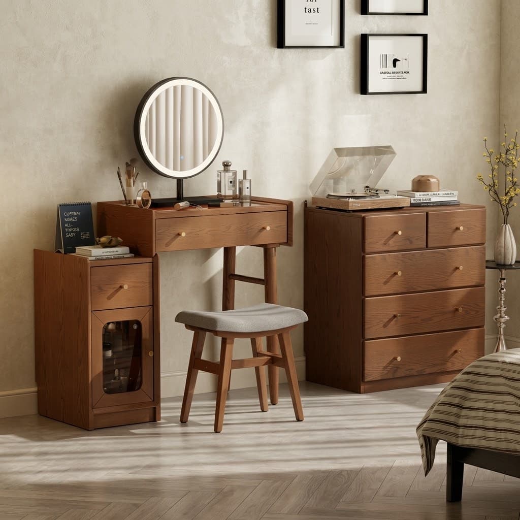Solid Wood Vanity Desk with LED Round Mirror & Side Storage Cabinet