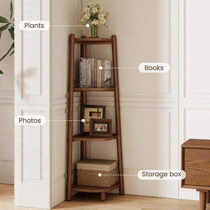 4 Tier Solid Wood Corner Shelf, Space Saving Corner Bookcase for Small Spaces - iKaslandi