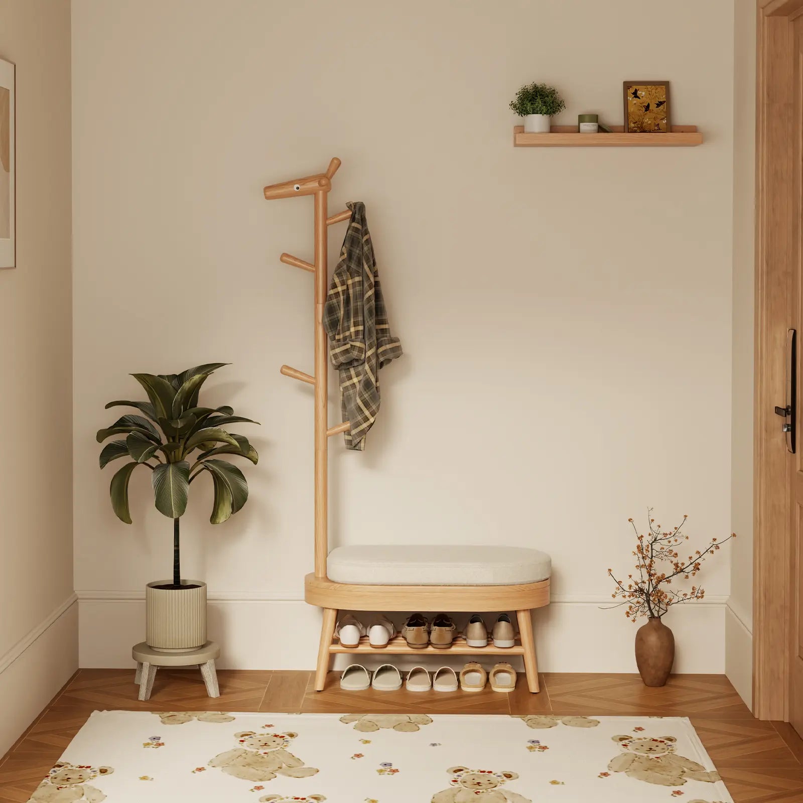 Giraffe Solid Wood Coat Rack & Shoe Bench with Cushion - iKaslandi