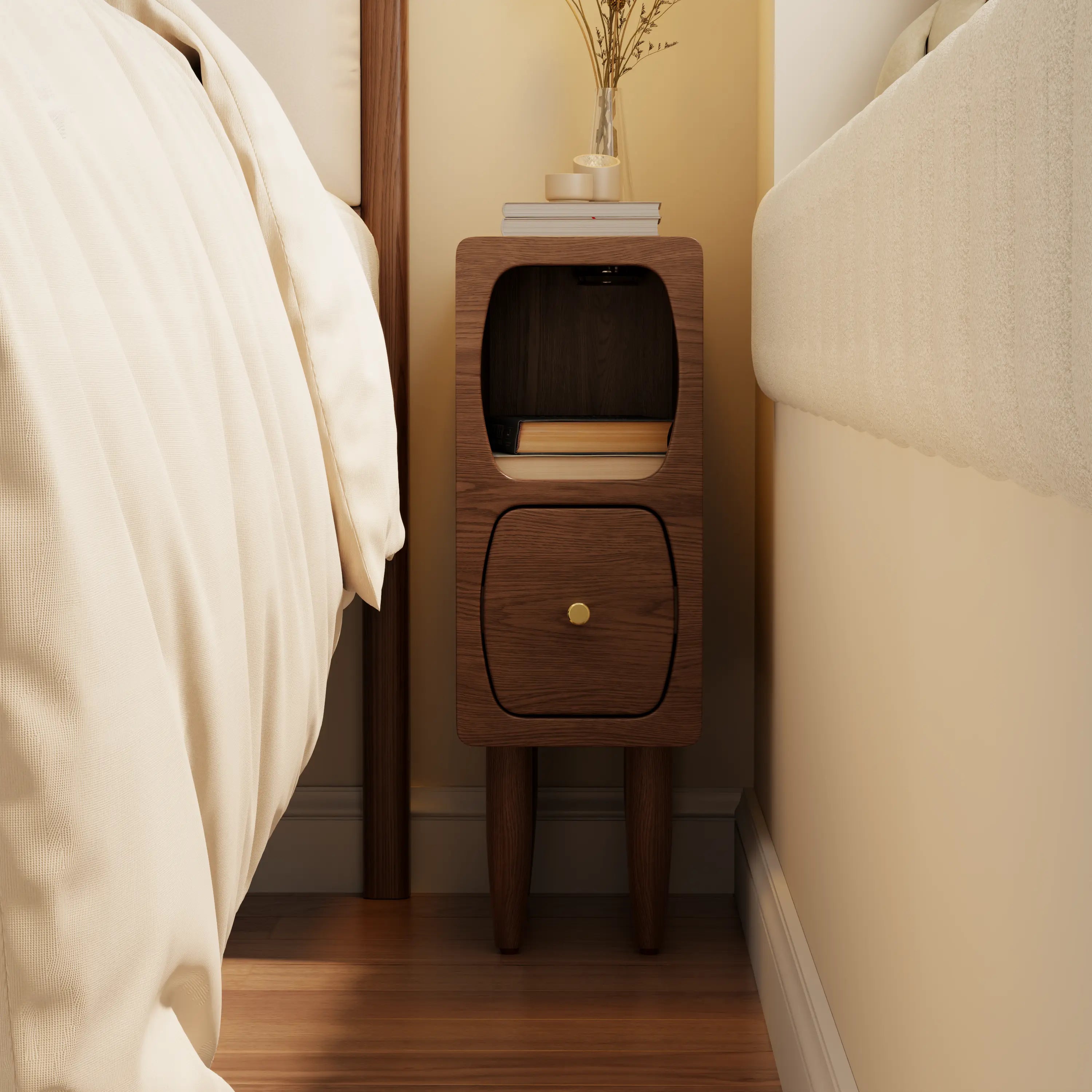 Solid Oak Wood Nightstand with Drawer | Compact Bedside Storage Cabinet for Small Spaces - Kaslandi Furniture