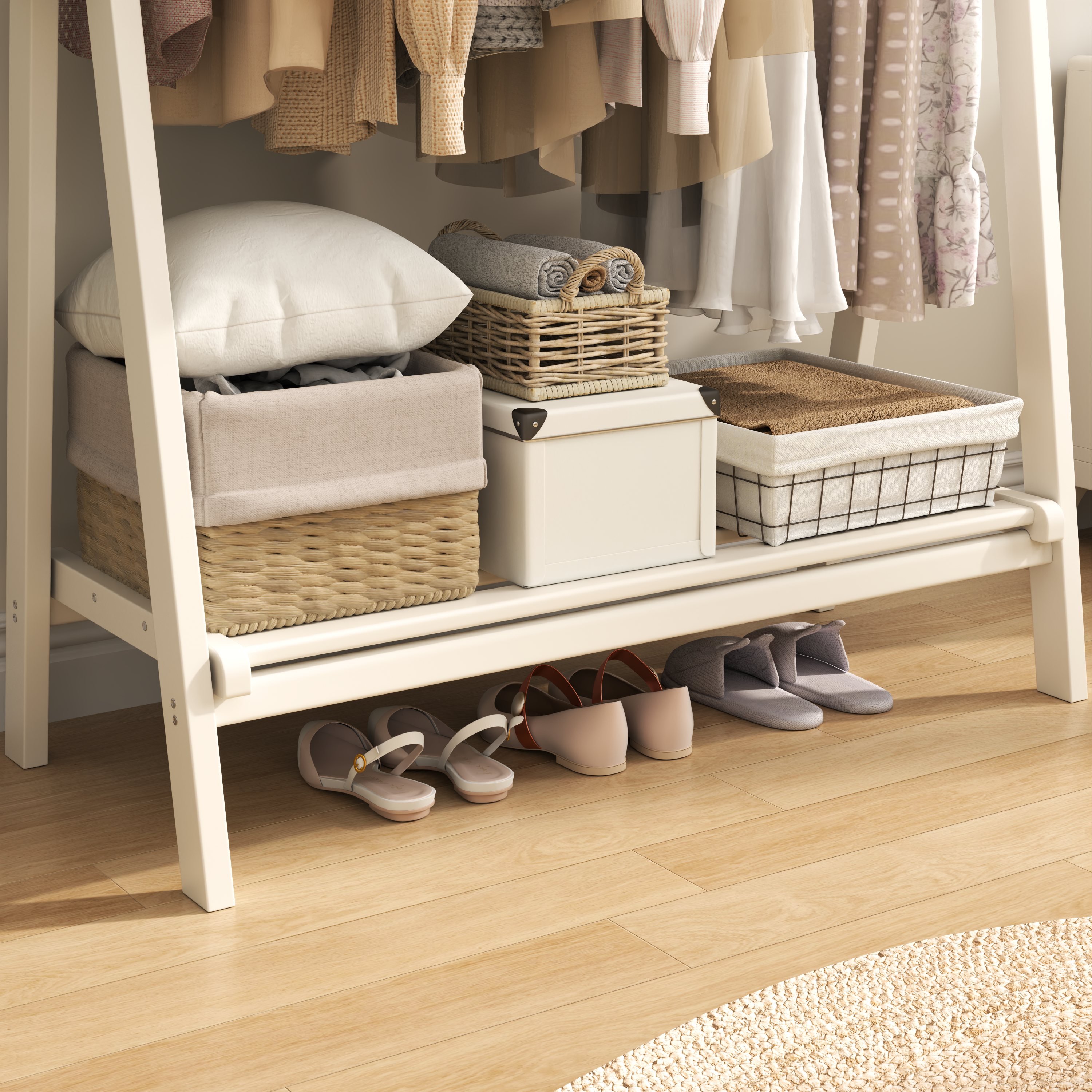 Solid Wood Rolling Clothes Rack with Shelves