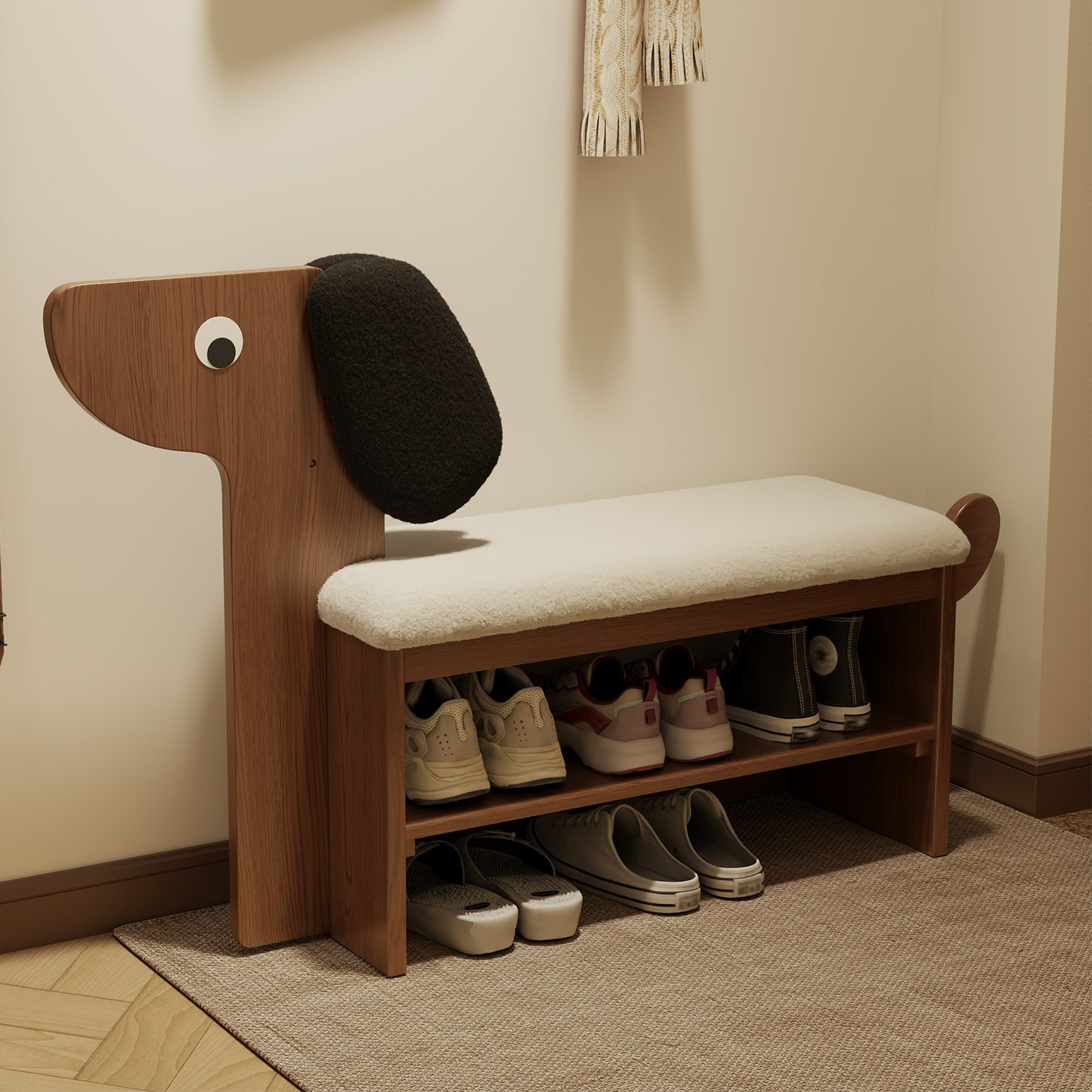 Shoe Rack Bench with Cushion, 2-Tier Dog Shoe Bench Cute, Wood Shoe Rack, Shoe Rack Bench with Storage,Shoe Shelf for Entryway, Hallway, Bedroom, Living Room