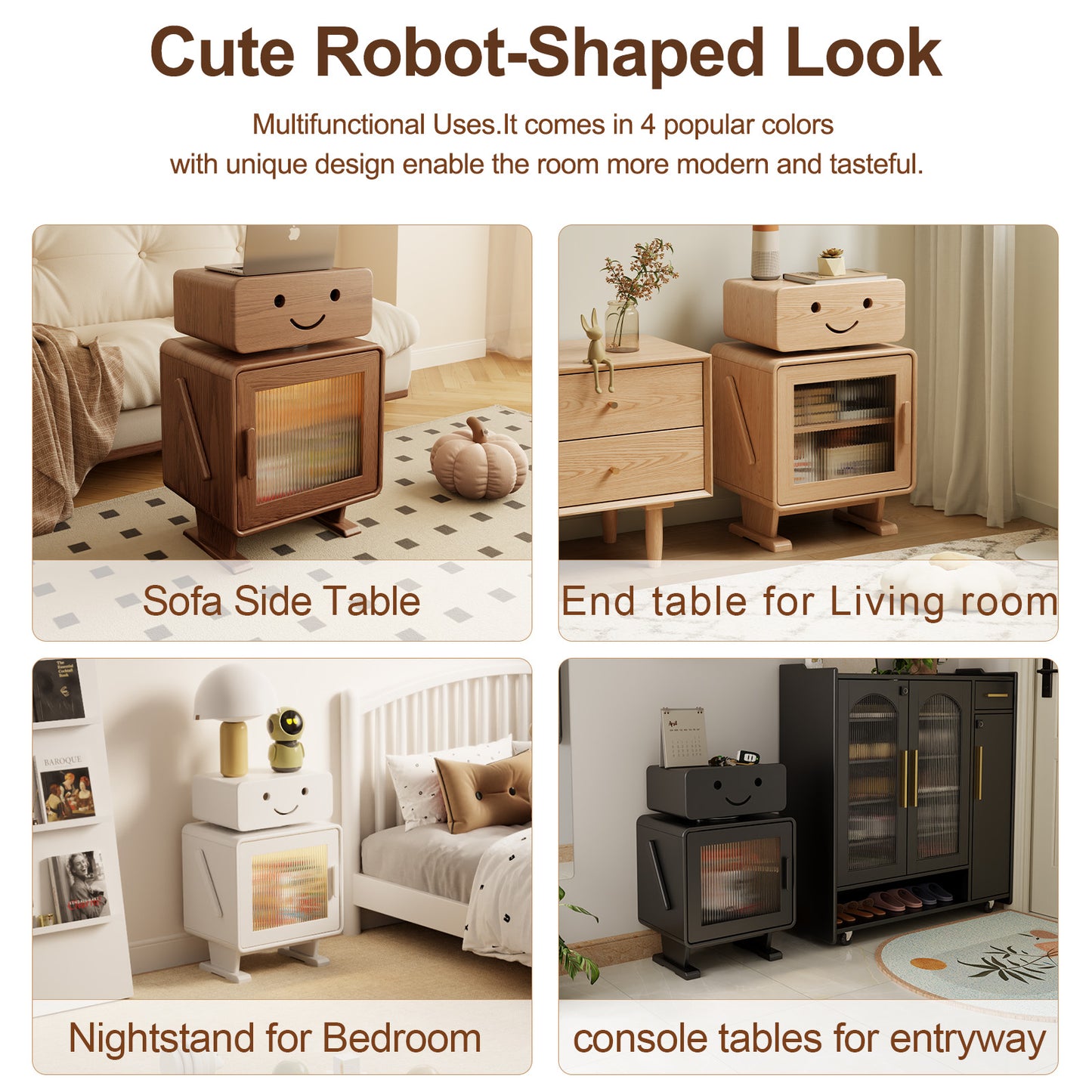 Robot Solid Wood Nightstand, Led Nightstand with 360°Rotating Drawer, Creative Nightstand with Drawers, Easily Assembly,Bedside Table for Bedroom,Living Room