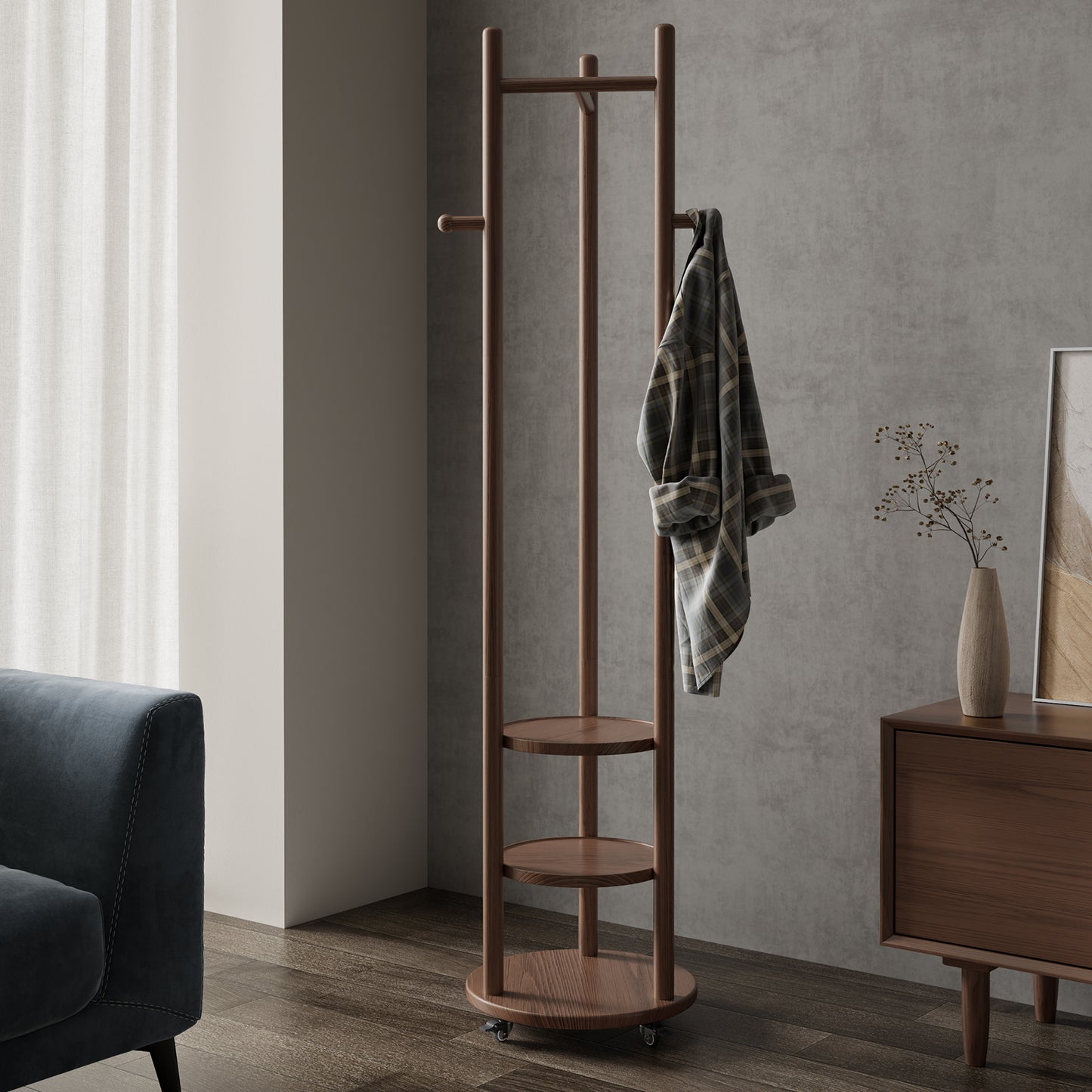 Solid Wood Coat Rack with Brake Wheels,T-shape Design Coat Rack Freestanding, Coat Rack Stand for Suits Clothes Jacket Entryway,Bedroom,Living Room