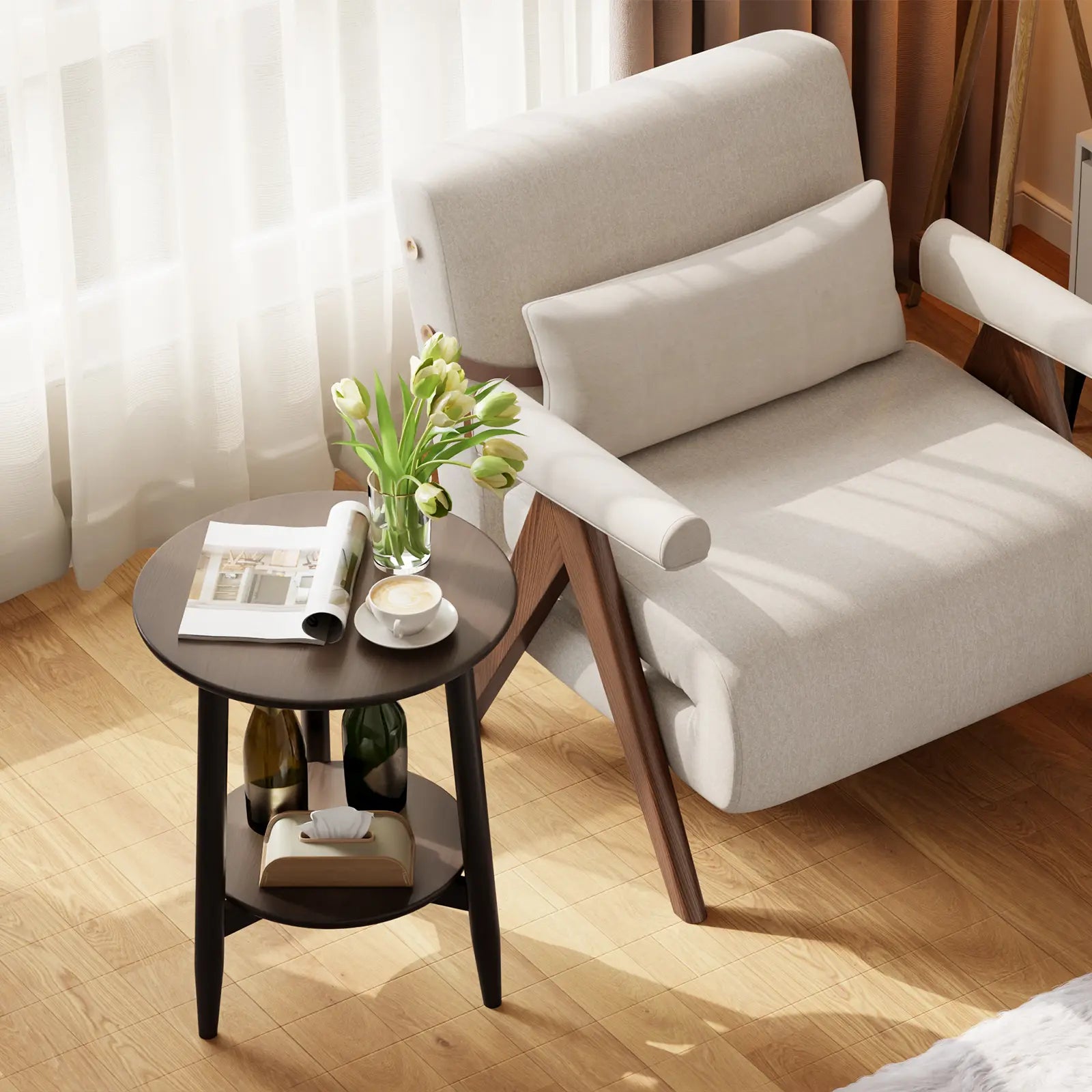 Round Solid Wood Side Table with Storage Shelf