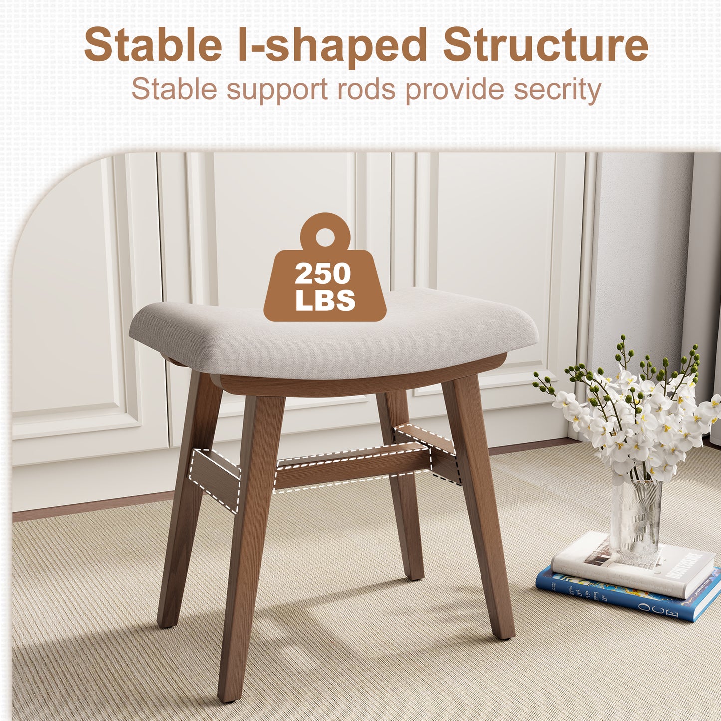 Solid Wood Vanity Stool, Saddle Cushion Vanity Bench with High-Strength Rebound Sponge, Easily Assembly, Vanity Chair, Foot Stool, Makeup Stool for Bedroom, Entryway