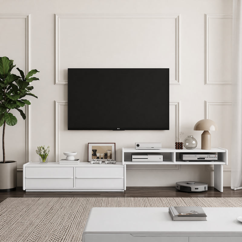 Extendable Solid Wood TV Stand with Drawers & Open Shelves — Fits 42
