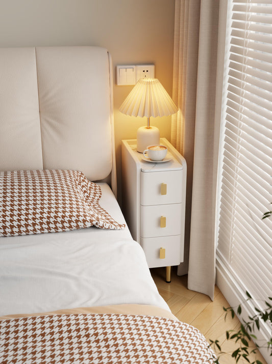 Narrow Bedside Table with 3 Drawers, Wood Frame and Leather Surface - iKaslandi