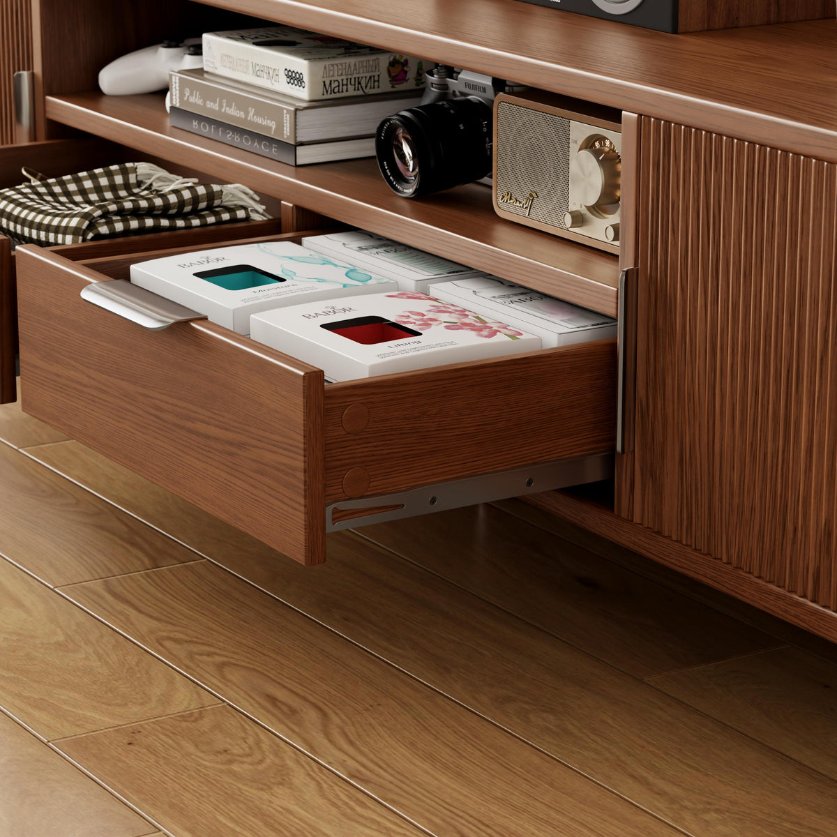 Low Profile TV Stand for TVs up to 70 Inches, Fluted Media Console with Cabinets, Drawers and Shelf - iKaslandi